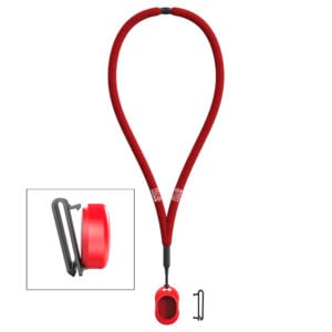 Red neck strap with clip attachment detail.