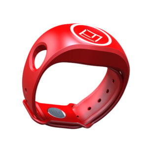 Red watertight silicone wristband with logo.