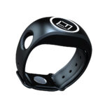 Black smart fitness ring on white background.