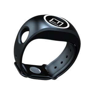 Black smart fitness ring on white background.