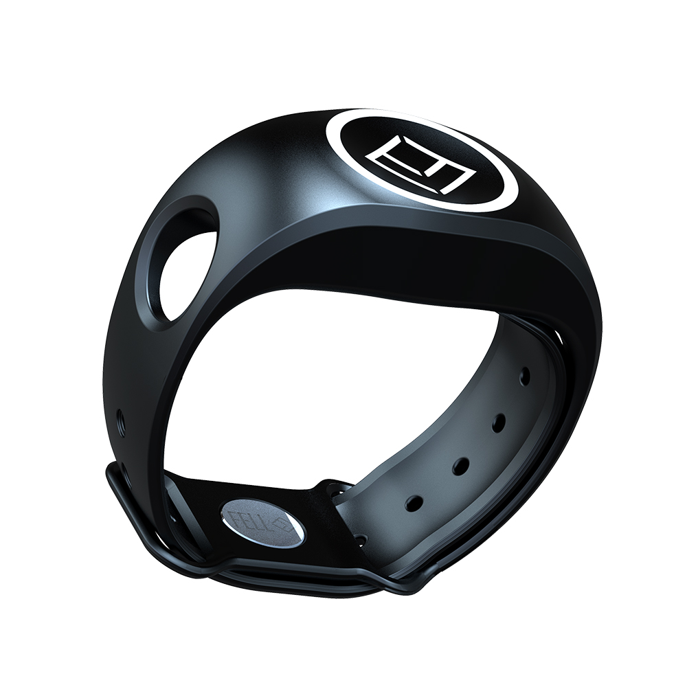 Black smart fitness ring on white background.