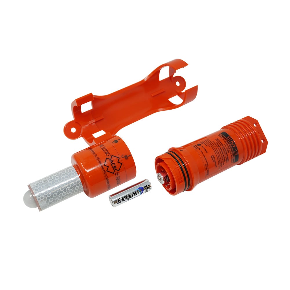 Disassembled ACR marine rescue strobe light and battery.