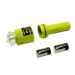 Disassembled green emergency flashlight with batteries