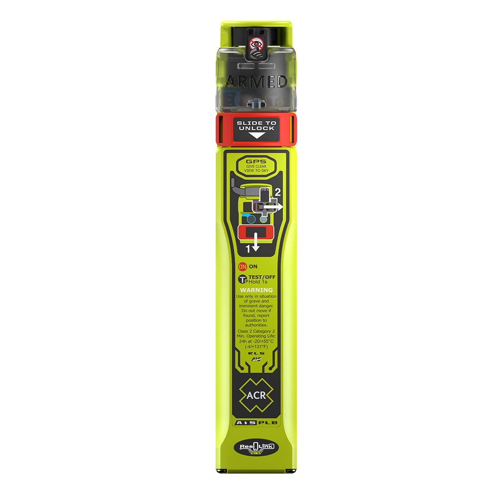 Personal locator beacon with buttons and instructions.