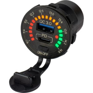 Car voltmeter with dual USB ports and LED display.