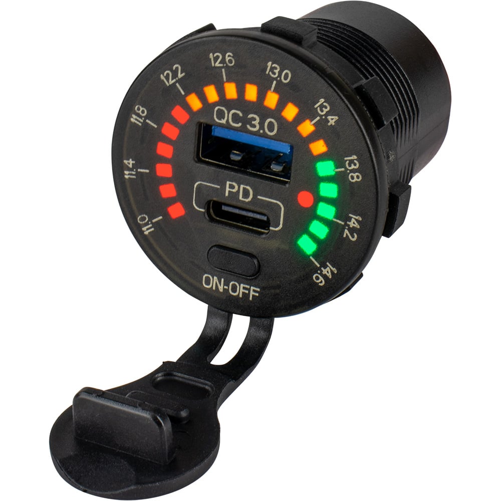 Car voltmeter with dual USB ports and LED display.