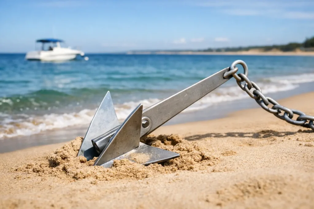 Anchor on sandy beach, boat in background.