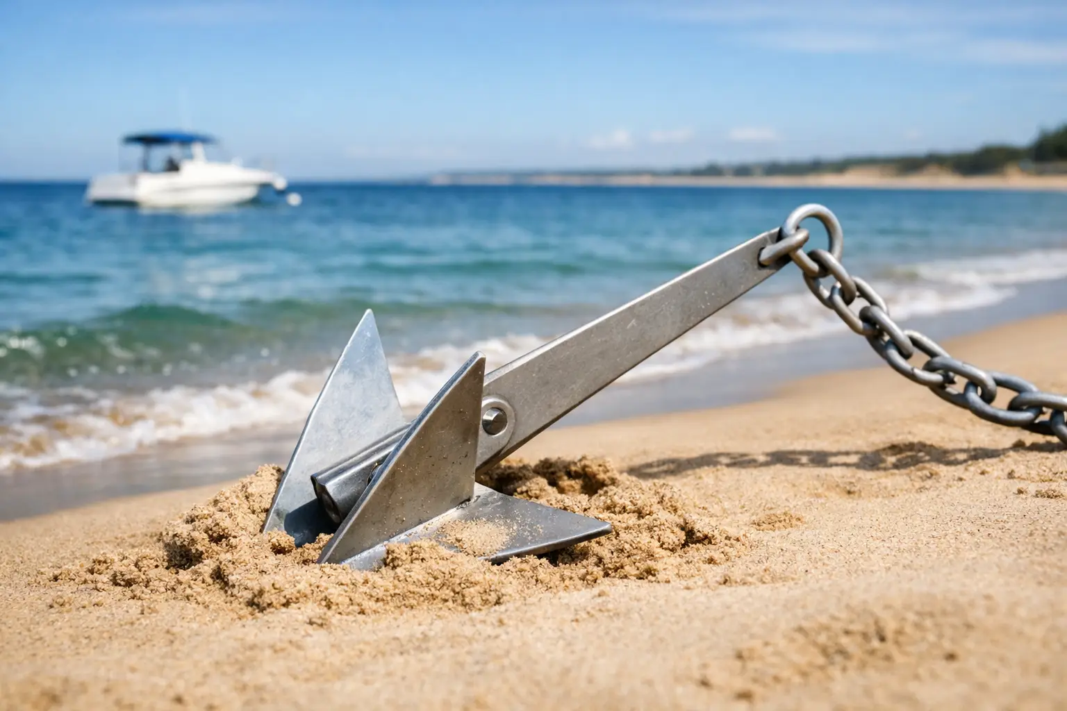 Anchor on sandy beach, boat in background.
