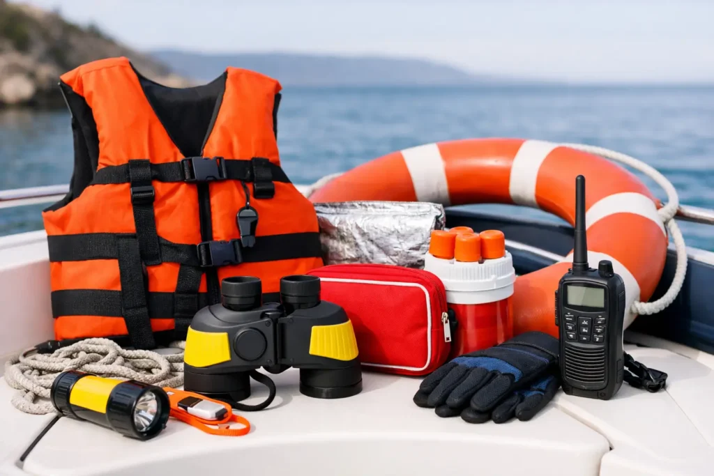 Boat safety gear including life vest and radio.