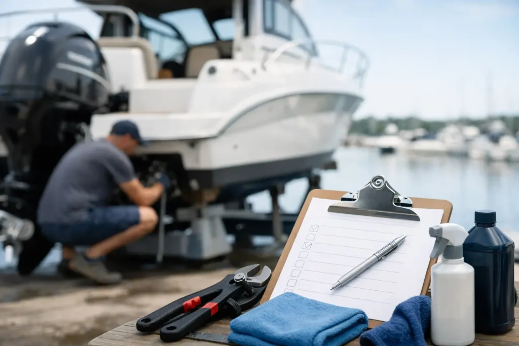 Man performing boat maintenance with checklist and tools.