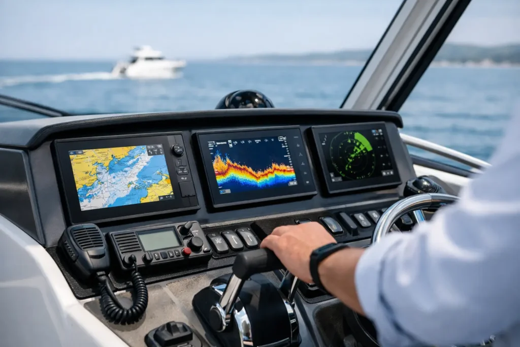 Person steering boat with navigation screens visible.