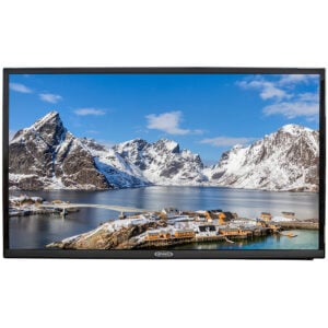 Flat-screen TV displaying snowy mountain fjord landscape