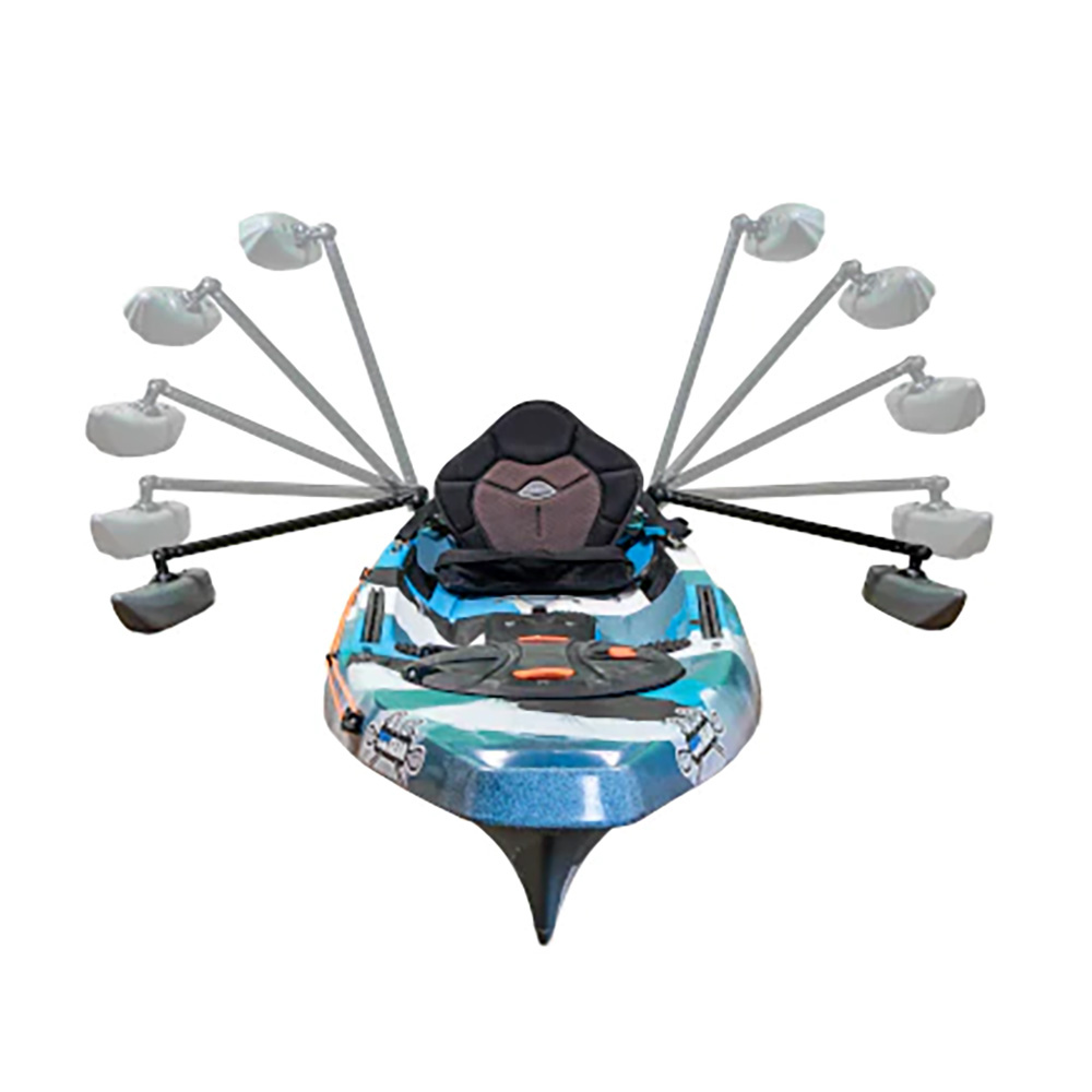 Fishing kayak with multiple rod holders extended