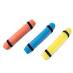 Three colorful foam pool noodles with straps