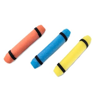 Three colorful foam pool noodles with straps