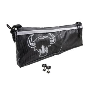 Black mesh bicycle frame bag with bull logo