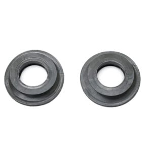 Two black rubber grommets on white background