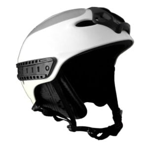 White ski helmet with black ear pads
