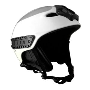 White ski helmet with black straps and padding