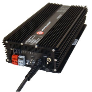 Black DC-to-AC power inverter with cooling fins