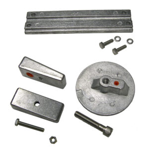 Assorted metal hardware components on white background.