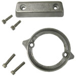 Metal flange set with fasteners, top view.