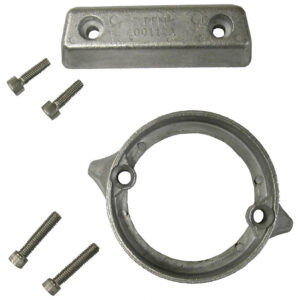 Metal flange set with fasteners, top view.