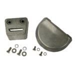 Metal parts and screws on white background.