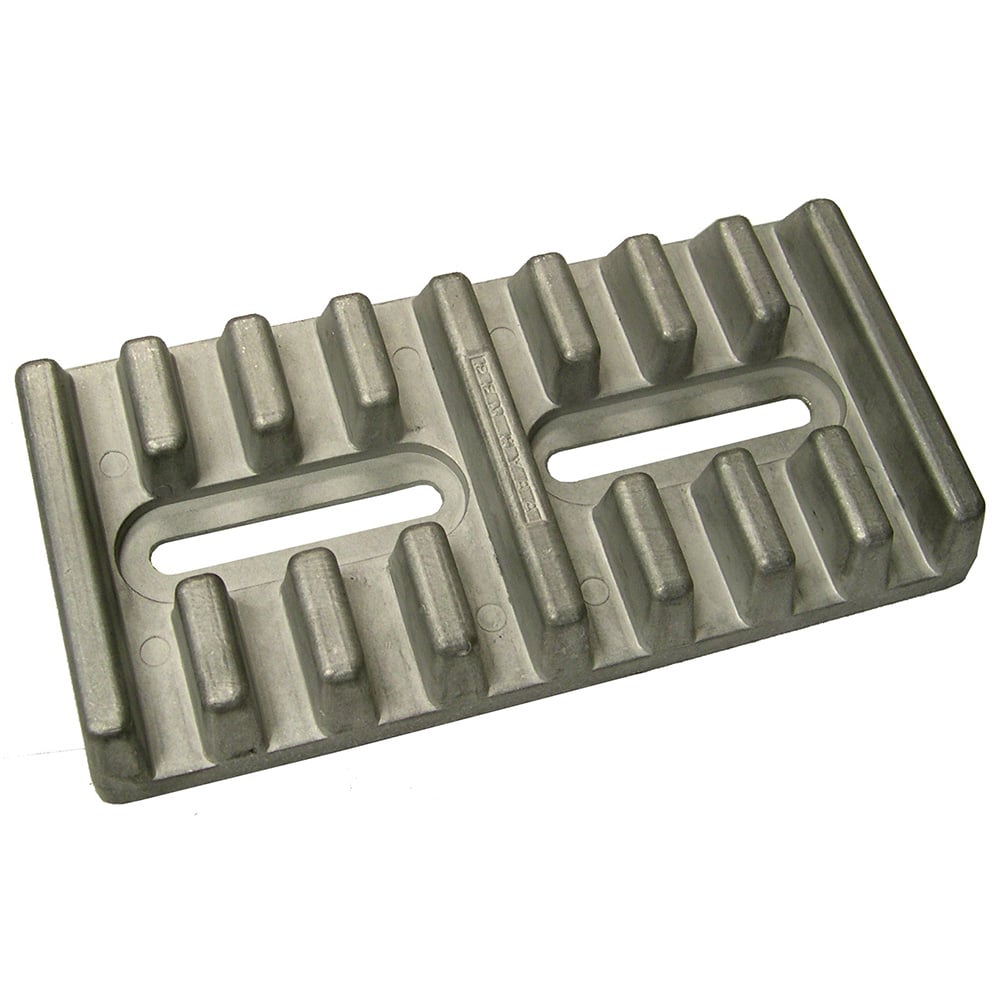 Gray metal trench cover plate with slots.