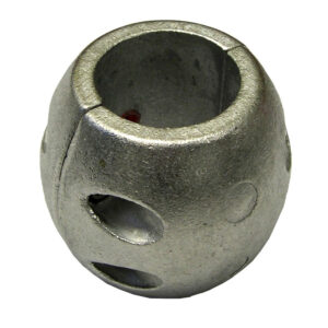Metallic sinker with holes for fishing line.
