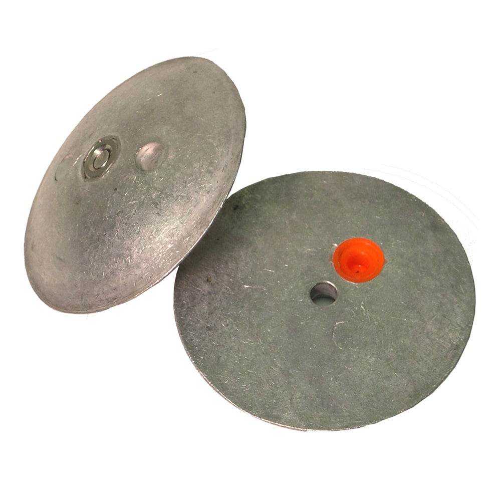 Two round metal caps with center holes.