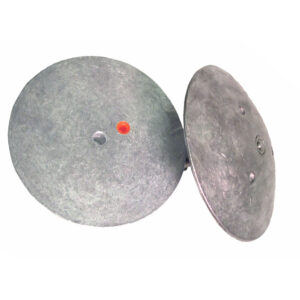 Round metal plates with central holes.