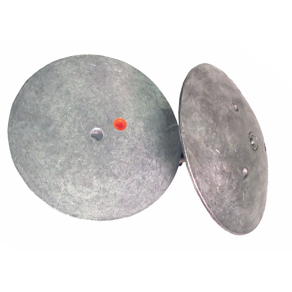 Round metal plates with central holes.