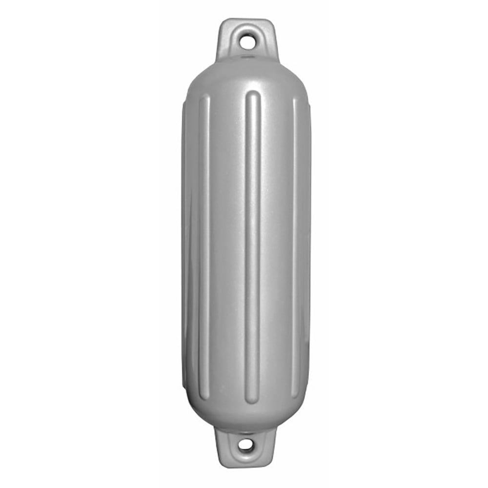Gray marine boat fender with ribbed design.