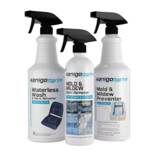 Xanigo Marine cleaning products lineup, three bottles shown.