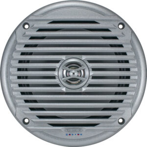 Round silver marine speaker with protective grille