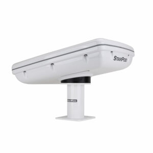 White electronic device mounted on a stand.