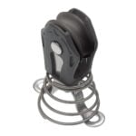 Spring-loaded pulley wheel assembly on white background