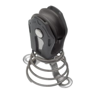 Spring-loaded pulley wheel assembly on white background
