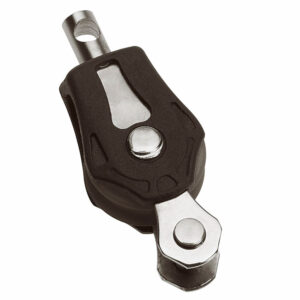 Single-sheave pulley block with metal fittings