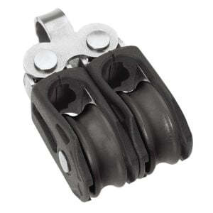 Double sheave pulley block with metal bracket