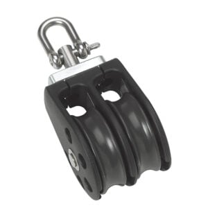 Double sheave pulley block with metal shackle