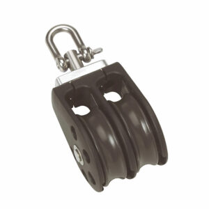 Double sheave pulley block with metal shackle