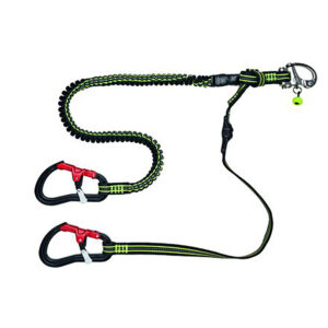 Safety tool lanyard with carabiners and shock absorber.
