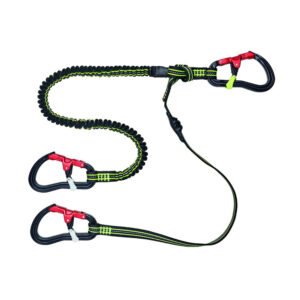 Climbing harness with carabiners and safety straps.