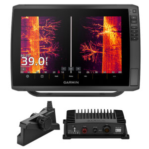 Garmin sonar fishfinder with screen and equipment components.