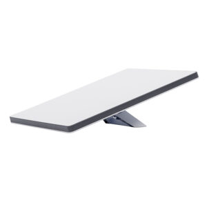 Modern white metal wall shelf with triangular support.