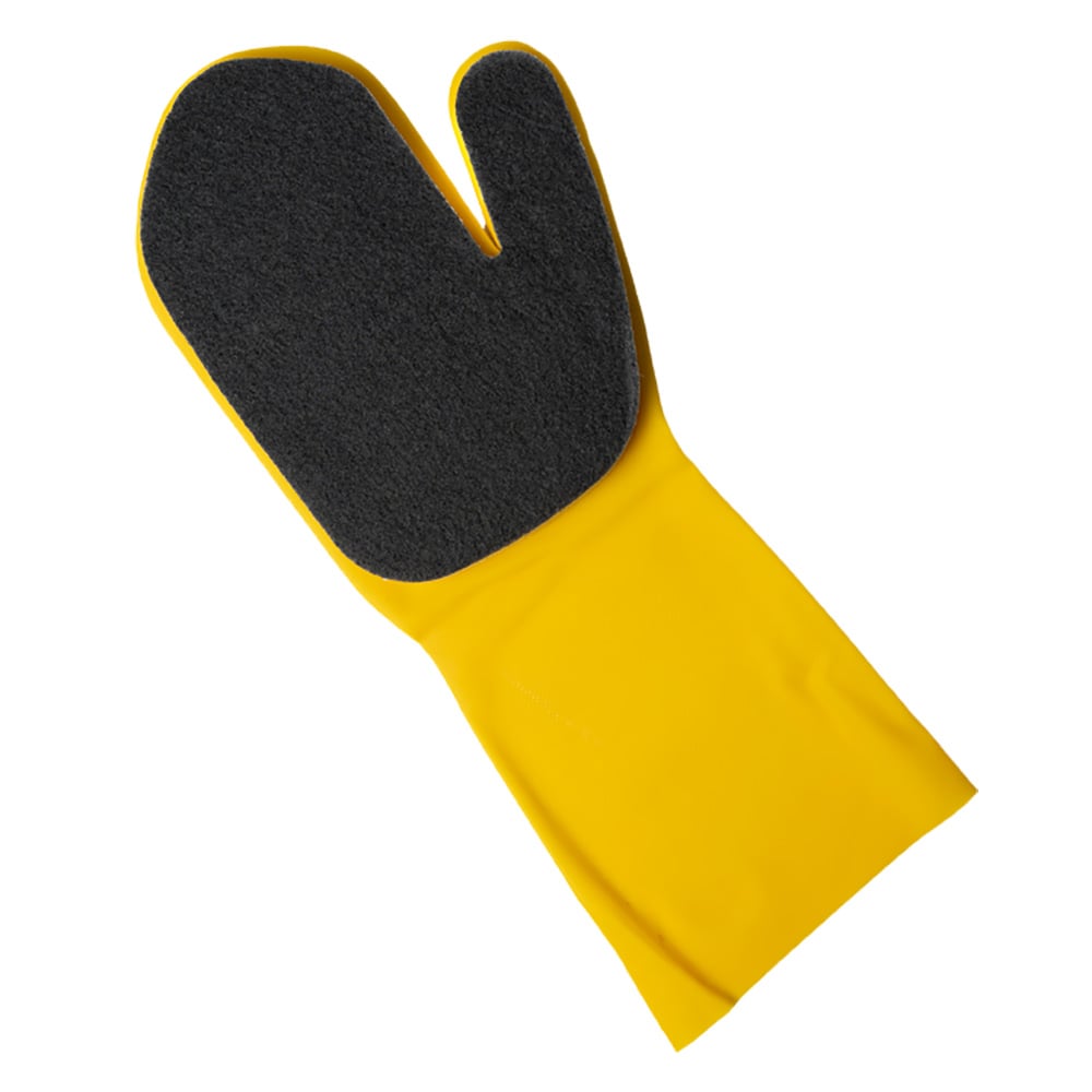 Yellow oven mitt with black grip pad