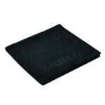 Folded black textured exercise mat with logo