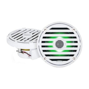 White marine speakers with green LED lighting